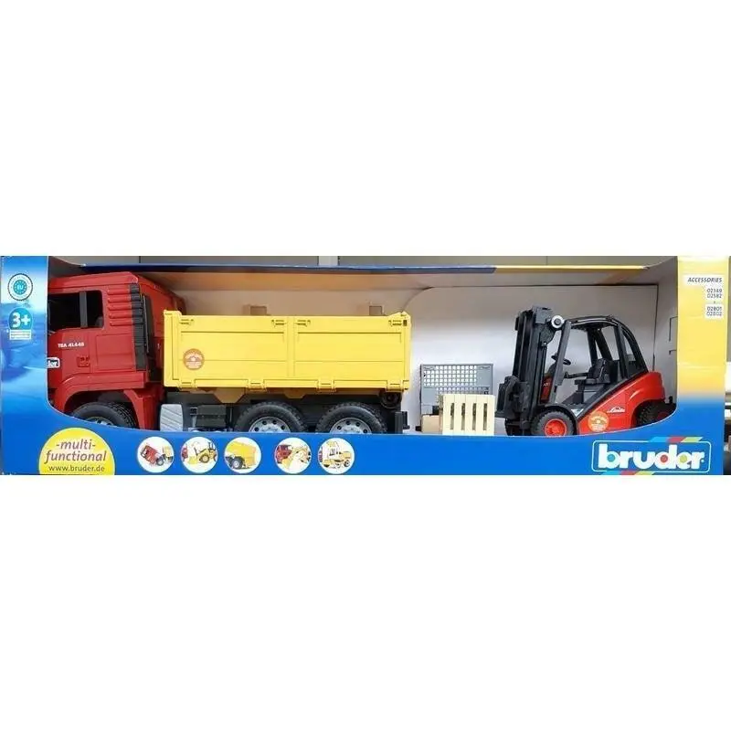 Bruder Earthmoving Truck With Linde Forklift – Construction Playset Featuring 2 Pallets 1