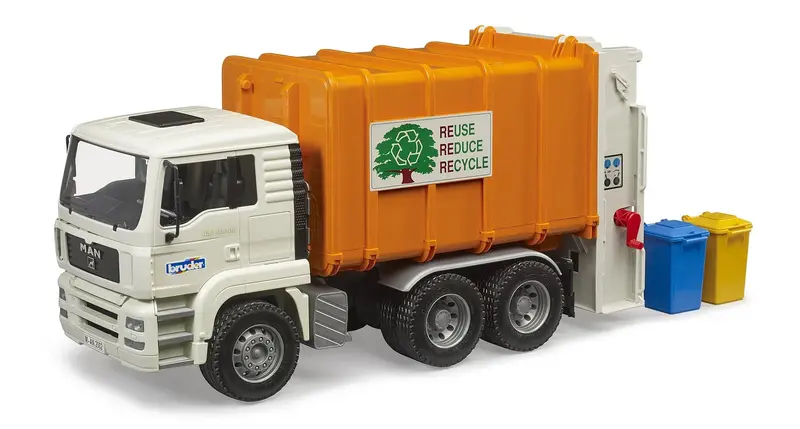 Bruder Man Tga Orange Garbage Truck Toy – Rear-Loading Design 1