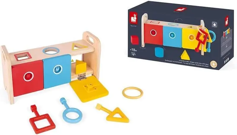 Janod Essential Wooden Shape Sorter With Key-Lock Mechanism 1