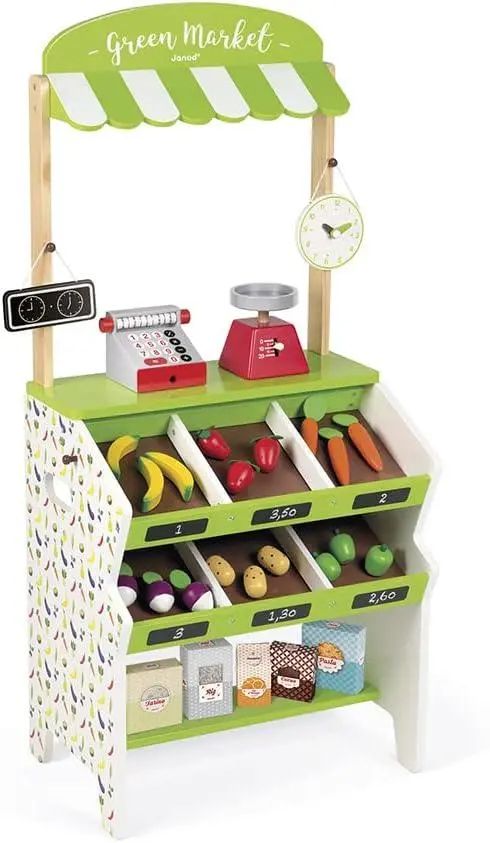 Janod Green Wooden Grocery Market Playset For Imaginative Play 1