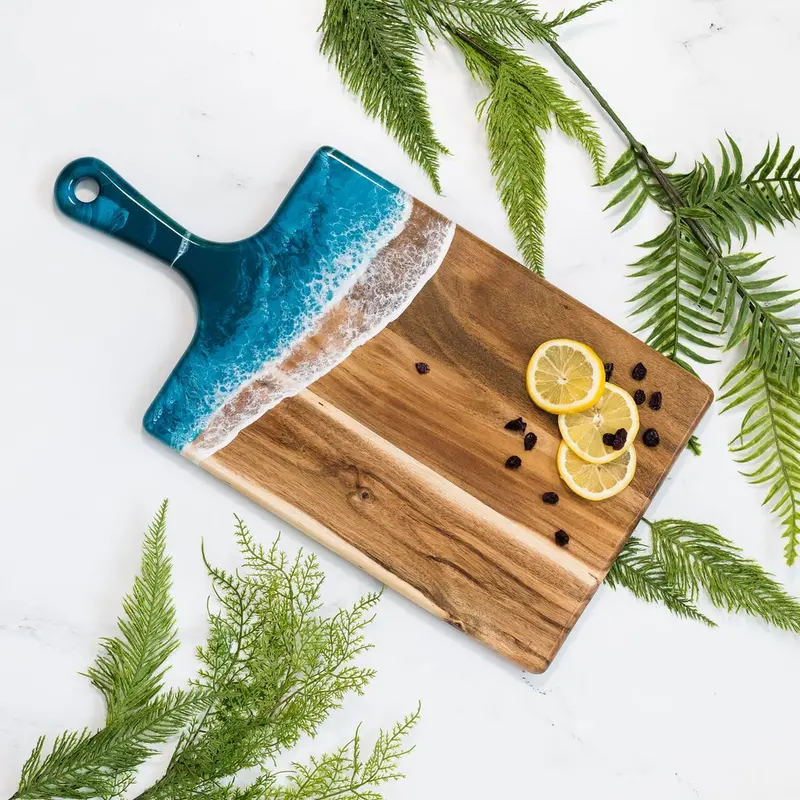 Large Wood And Resin Cheese Board – 10" X 20", Blue And White Swirl 1