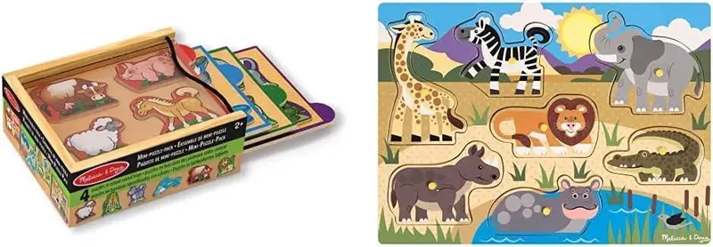 Melissa & Doug Animals Mini-Puzzle Pack + Pegged Wooden Puzzle – Toddler Learning Bundle 1
