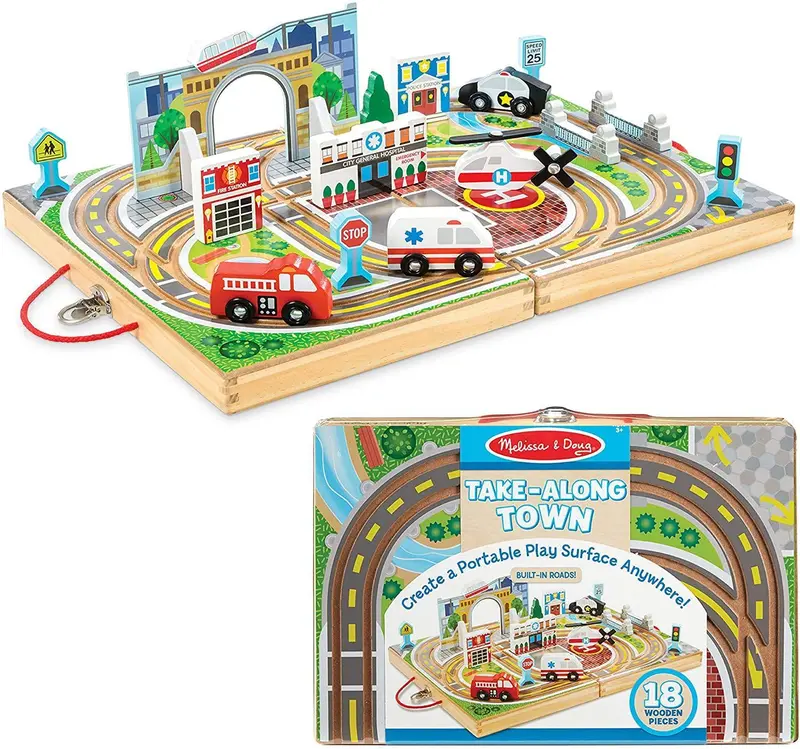 Melissa & Doug Take-Along Tabletop Town – 18-Piece Wooden Playset 1