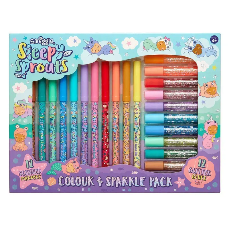 Smiggle Sleepy Sprouts Scented Markers & Glitter Glue Combo Pack 1