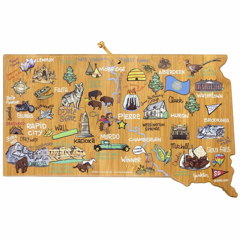 South Dakota Solid Wood Cutting Board With Fish Kiss Original Illustration 1