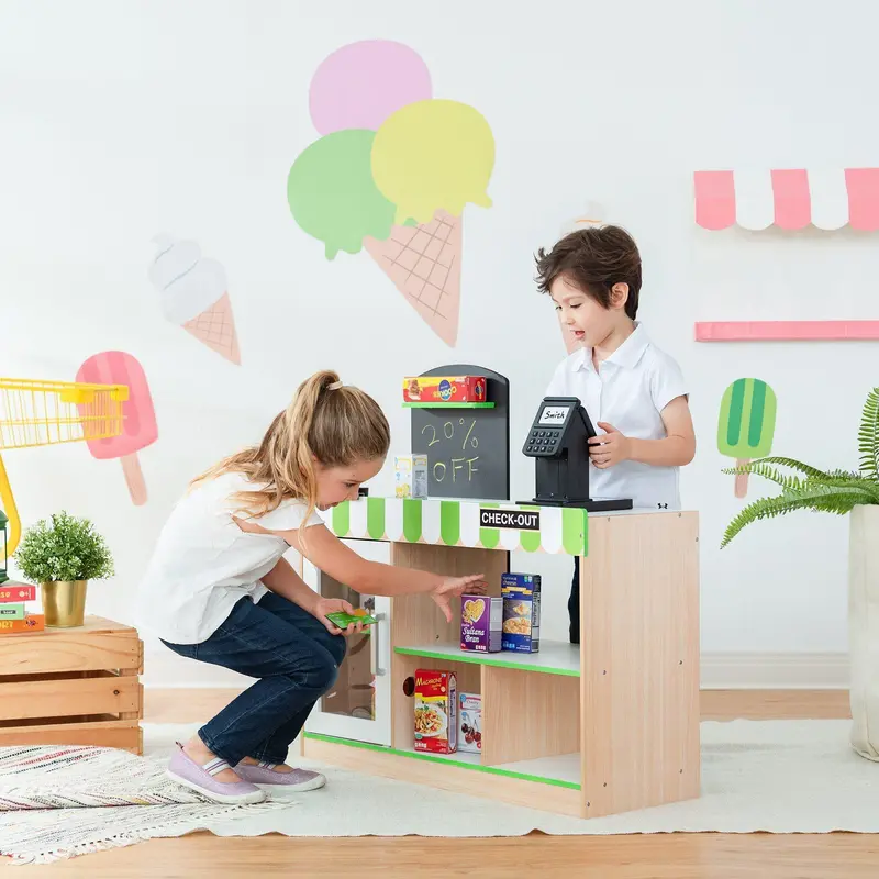Teamson Austin Cashier Play Market – Interactive Grocery Stand With Scanner & Play Food 1