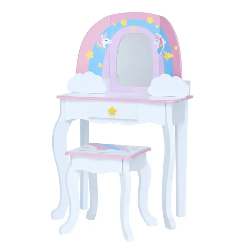 Teamson Little Dreamer Rainbow Unicorn Vanity Set – Wooden Dress-Up & Beauty Play Center 1