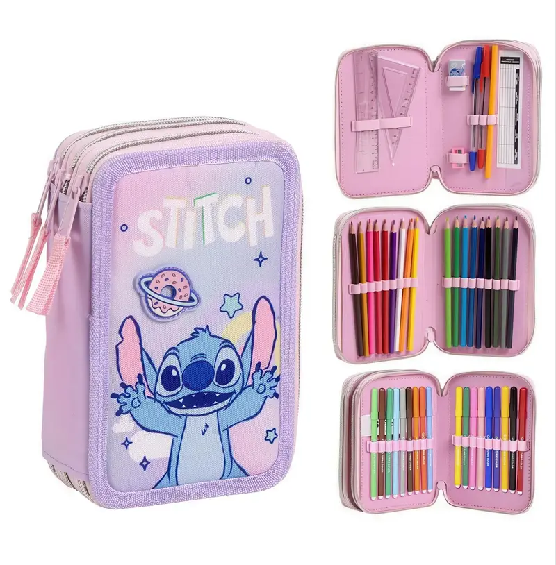 Triple-Compartment Pencil Case – Stitch-Themed School Accessory 1