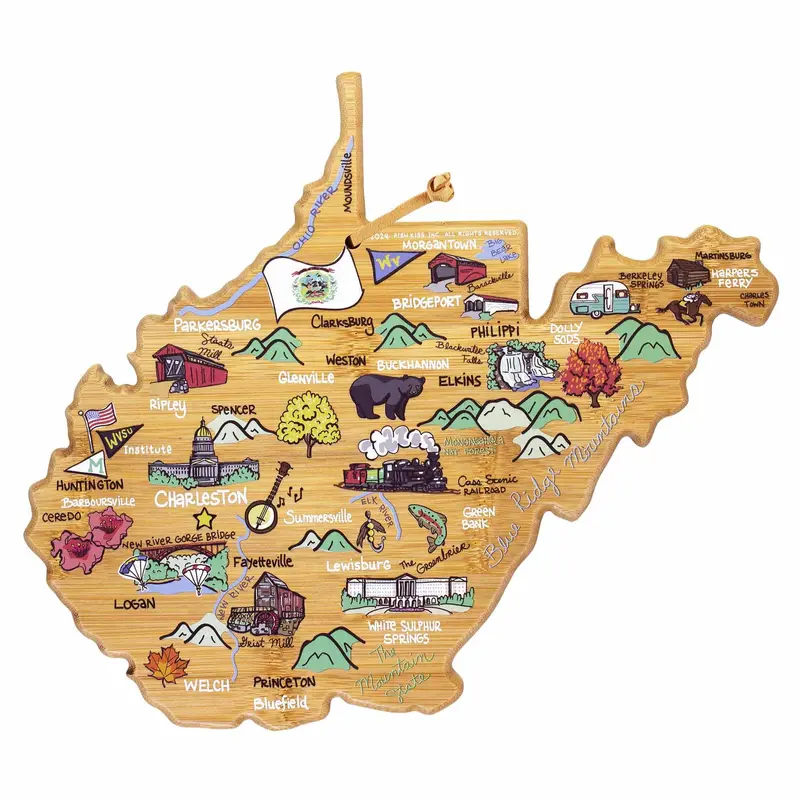 West Virginia Gourmet Cutting Board Featuring Fish Kiss Graphic Art 1
